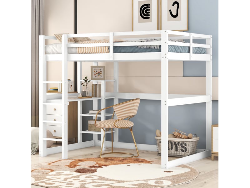  Lit mezzanine tcqpz 140 x 200 cm avec bureau et 4 espaces de rangement en pin blanc  - Conforama D