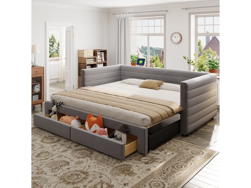  Canapé-lit convertible 3-en-1 90/180x190 cm avec 2 tiroirs, tissu coton-lin gris, sans matelas  - Conforama B