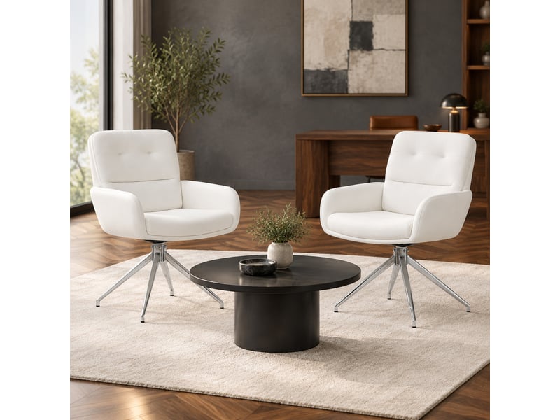  Chaise de salle à manger pivotante lot de 2 360°  - dossier capitonné, métal argenté et pu blanc, 85 cm  - Conforama B