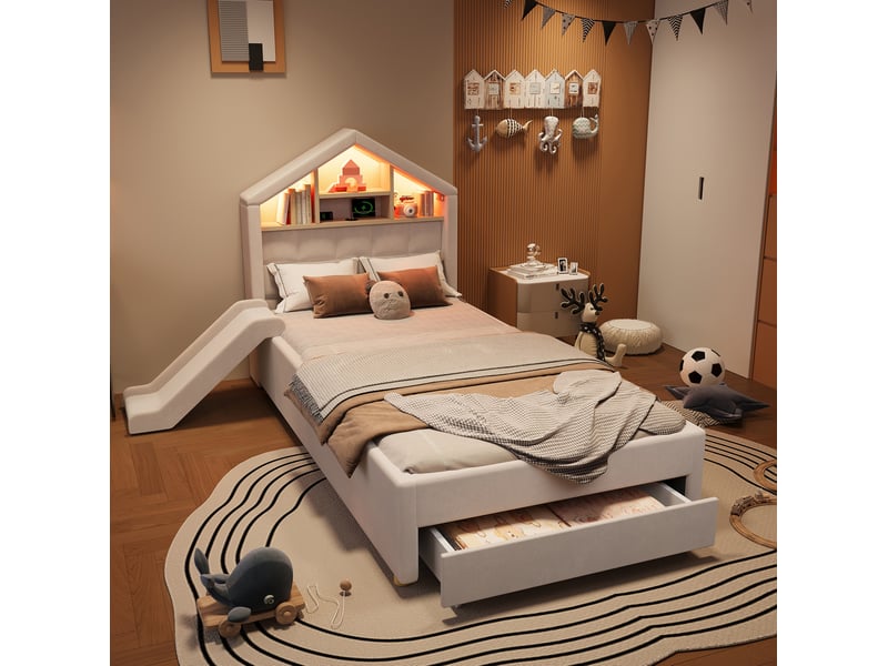  Lit cabane enfant 90x200 cm avec toboggan réversible, led, prise de charge, beige sans matelas  - Conforama B