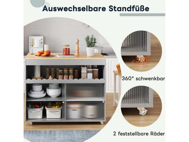  Îlot de cuisine mobile 122 × 46(69) × 91 cm gris, mdf, plateau rabattable chêne, portes coulissantes en verre trempé  - Conforama D