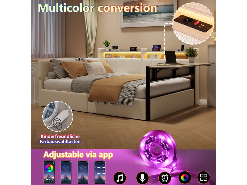  Lit banquette coffre 140x200 cm en velours blanc avec hydraulique, led, usb, table rabattable et chevets interchangeables Morn Vibe - Conforama E