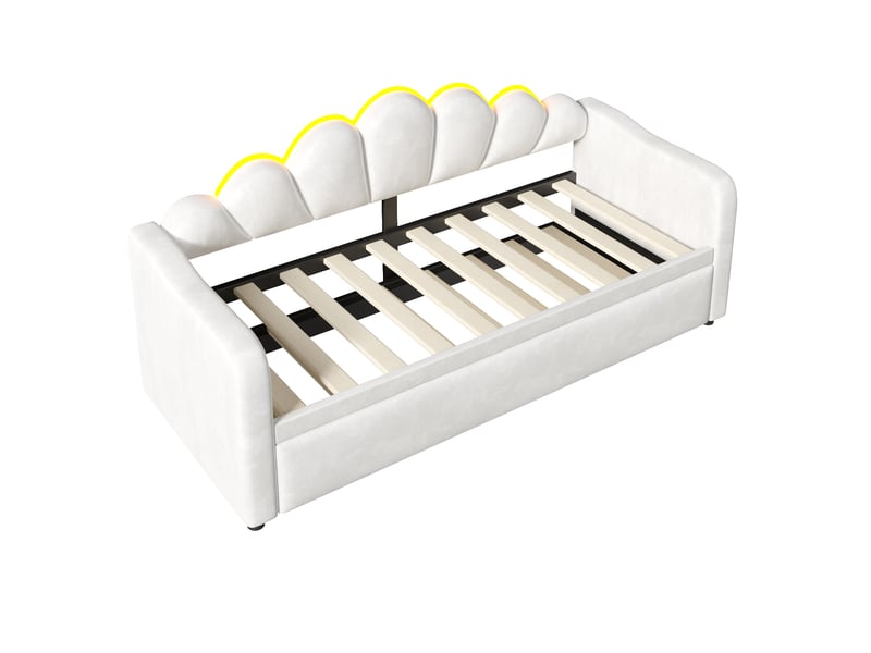  Lit gigogne enfant led 90x200 cm, lit banquette avec sommier à lattes, velours blanc, sans matelas  - Conforama D