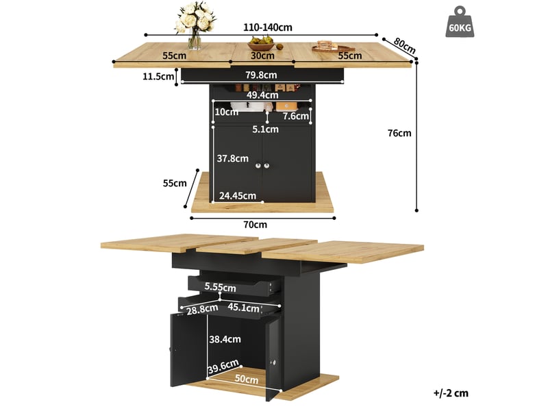  Table à manger extensible 110-140 x 80 x 76 cm rangement intégré 2 tiroirs design moderne mdf noir et naturel  - Conforama C