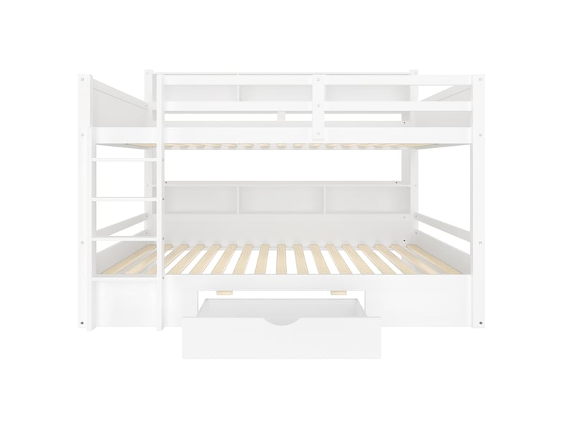  Lit superposé enfant 90 x 200 cm blanc, pin et mdf, deux couchages avec tiroir et étagères latérales  - Conforama D