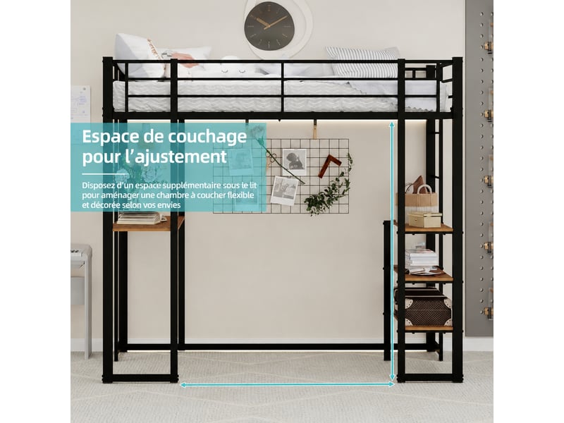  Lit mezzanine avec bureau 90 x 190 cm en métal noir, rangement et échelles des deux côtés  - Conforama D