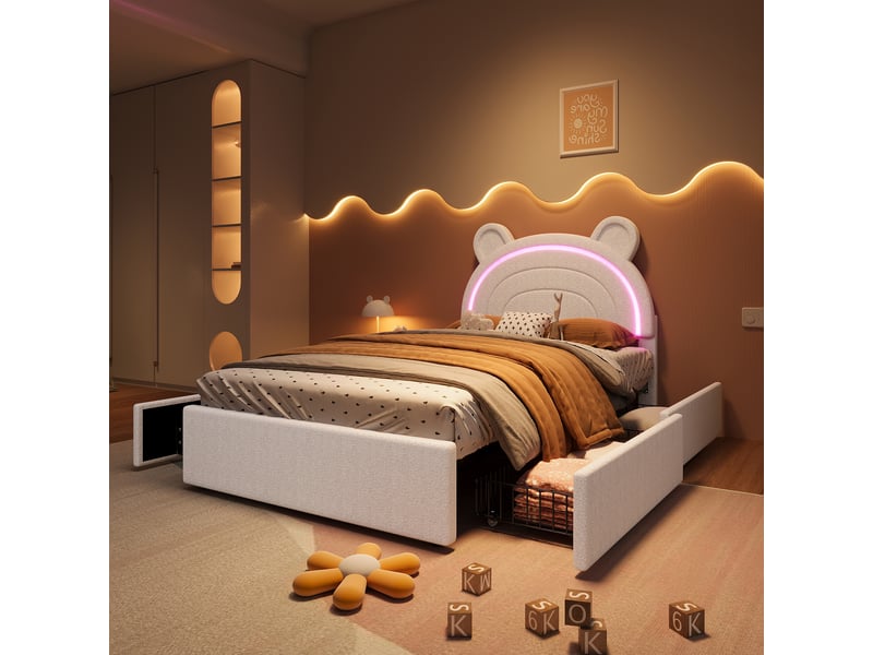 Lit enfant simple 90×200 cm avec 4 tiroirs et led contrôlée par application - okmyhome- beige, sans matelas  - Conforama B