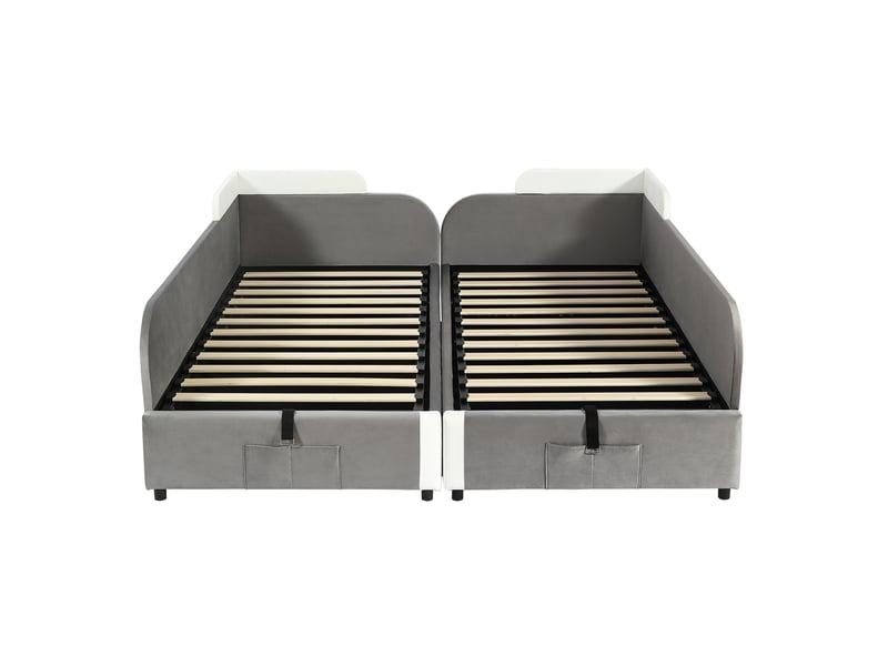  Lit capitonné, lit enfant combiné, lit hydraulique avec rangement, barrière de sécurité souple surélevée, sac de rangement au pied du lit, velours et contreplaqué, gris, 90 x 200 cm x 2  - Conforama D