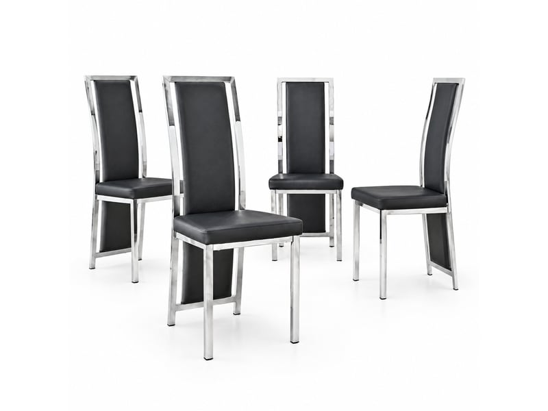  Chaises salle à manger lot de 4 à dossier haut  - rembourrées, métal et simili cuir noir argent, 109 cm  - Conforama A