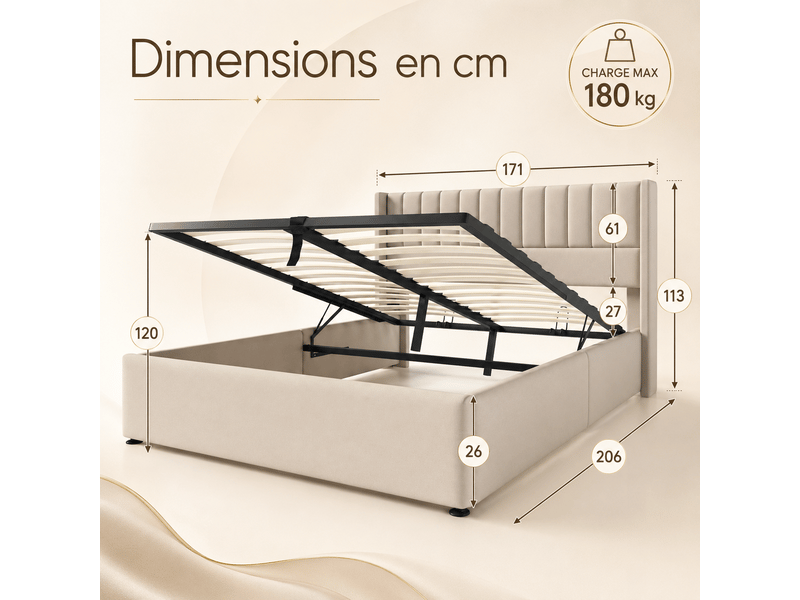 Lit 160x200 cm - lit coffre double adulte avec rangement hydraulique - lit rembourré tapissé 2 personnes - sommier à lattes en bois et tête de lit capitonné - cadre de lit moderne - structure de lit ado -lit queen - 2 place - li… - Conforama E