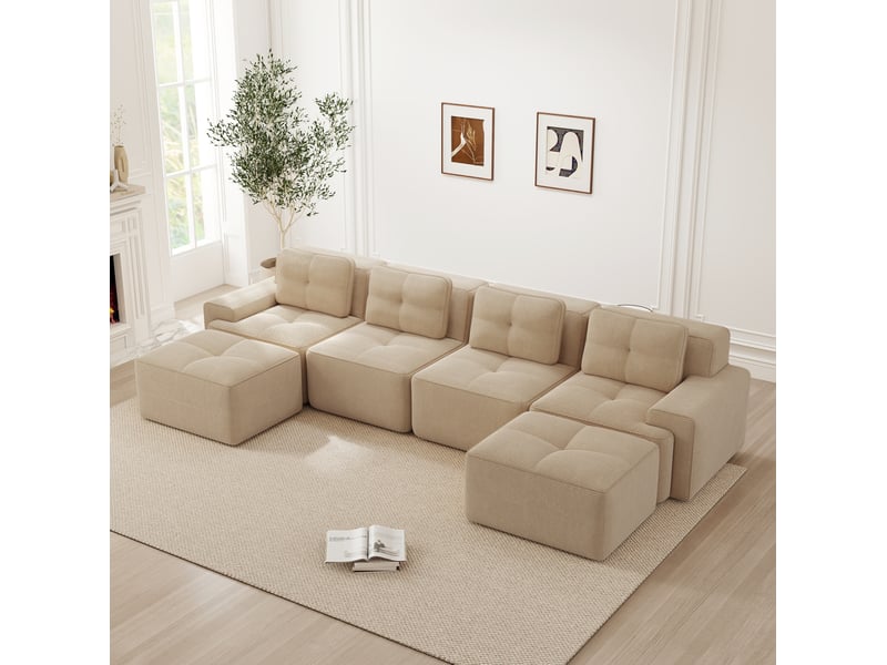 Canapé d’angle modulable en u 382x177x69 cm 4 places, sans montage, assise profonde, en velours côtelé, beige - Conforama D
