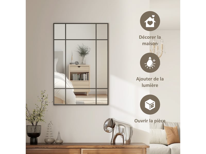  Miroir mural verrière rectangulaire style fenêtre, en métal noir - 90x60 cm, horizontal ou vertical avec 4 crochets  - Conforama A