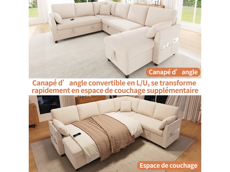 Canapé d'angle en l ou en u – 6 places – avec coffre de rangement – avec ports usbtype-c – avec 3 coussins – beige - Conforama R