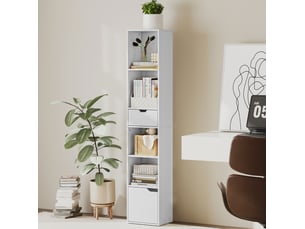 Bibliothèque 30x24x158 cm 6 niveaux réglables avec tiroir et porte bois blanc