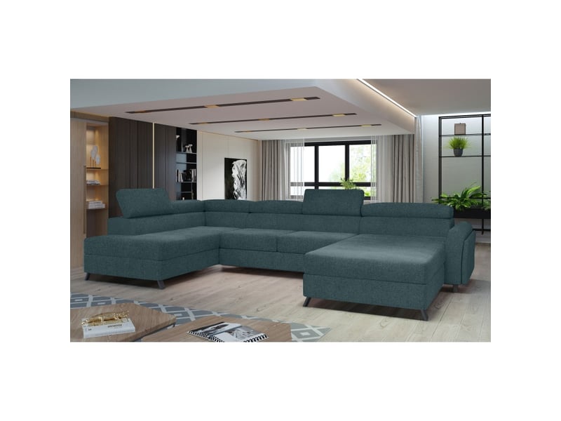 Canapé panoramique bleu gris 5 places angle gauche convertible avec coffre clotis - Conforama A