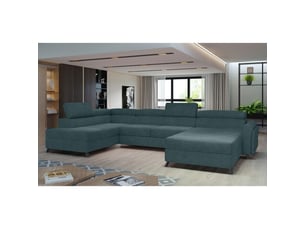 Canapé panoramique bleu gris 5 places angle gauche convertible avec coffre clotis