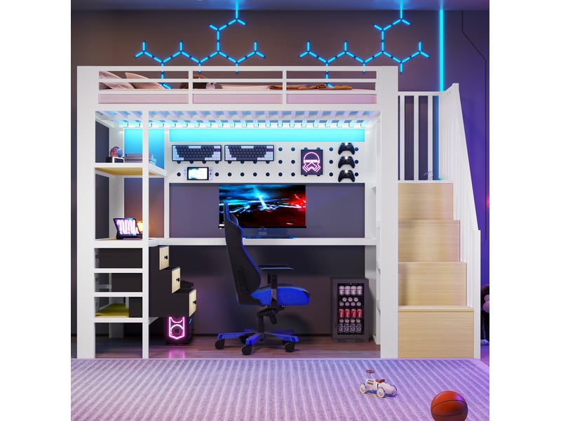  Modenvie lit mezzanine 90x200 cm - avec bureau, rangement intégré, led et prise, sans matelas - blanc  - Conforama E