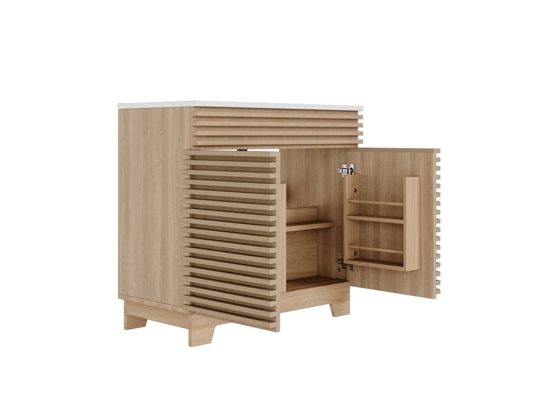  Meuble vasque naturel avec lavabo intégré, portes amorties et rangements 91 cm  - Conforama D