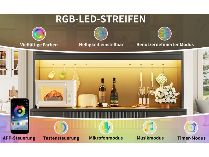  Buffet de cuisine haut 120 cm avec éclairage rgb led, 3 vitrines en verre, tiroirs et étagères coulissantes  - Conforama D