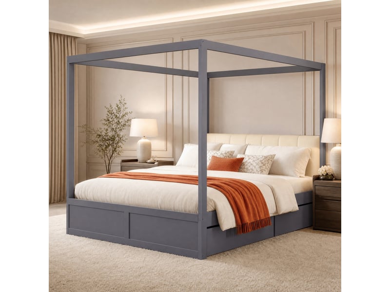 Lit baldaquin tcqpz 140 x 200 cm avec 2 tiroirs, tête de lit rembourrée, structure en bois, gris - Conforama B