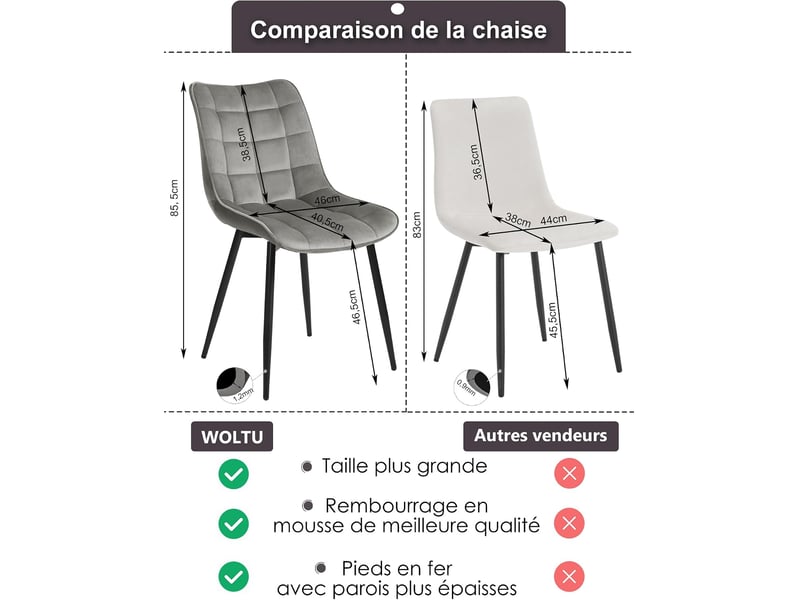  8 x chaises de salle à manger, chaise de cuisine, siège en velours, pieds en métal, gris clair  - Conforama D