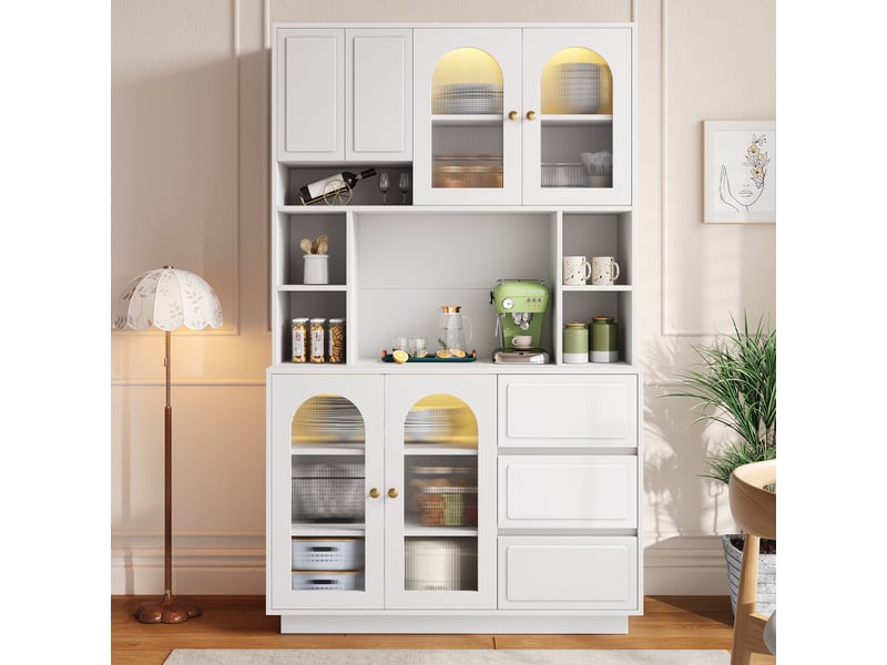  Buffet de cuisine - 106x40x175cm - meuble avec portes arquées en acrylique, led, étagères ajustables et 3 tiroirs - mdf - blanc  - Conforama C