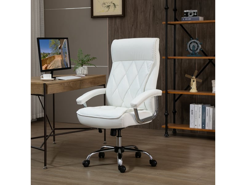  Chaise de bureau ergonomique blanche en cuir régénéré, réglable et basculante, avec roulettes 360°  - Conforama B