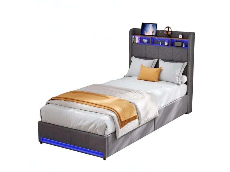  Lit simple 90x200 cm, cadre lit avec 2 tiroirs de rangement, tête de lit avec led, ports usb et type-c, lit pour chambre d'adolescent et chambre d'appoint, gris  - Conforama A