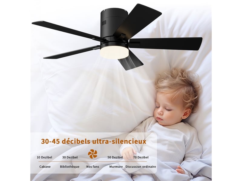 Ventilateur de plafond avec lampe led - 42 pouces - 5 pales moteur dc réversible silencieux télécommande - noir - Conforama B