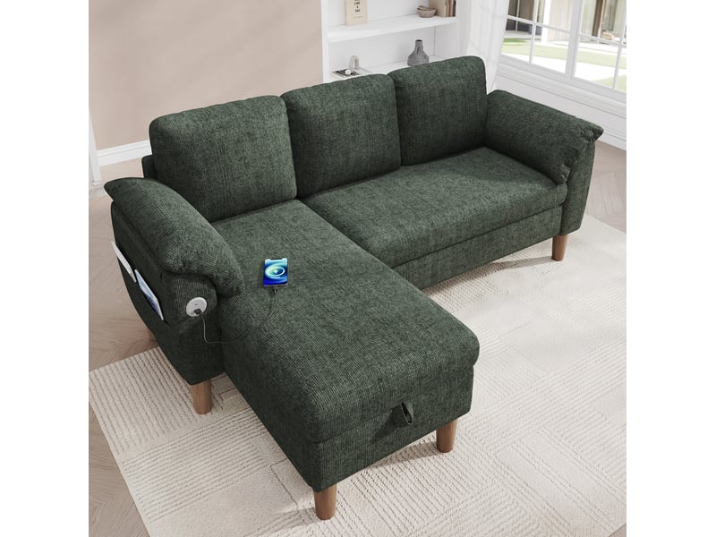 Canapé d'angle réversible 3 places avec méridienne coffre, ports usb et usb-c, poches latérales en chenille vert  - Conforama D