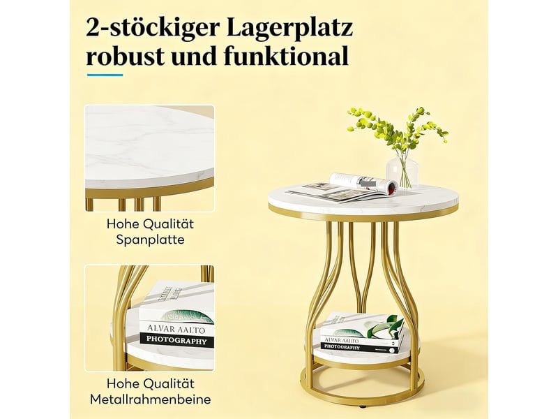  Table d'appoint ronde, 50x50x60 cm, 2 niveaux avec rangement, mdf, marbre blanc doré  - Conforama E