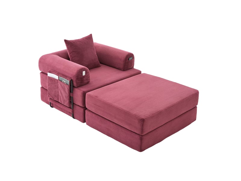  Fauteuil convertible 112x95 cm - rouge bordeaux - velours côtelé, coussin et poche de rangement latérale  - Conforama A