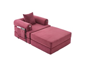 Fauteuil convertible 112x95 cm - rouge bordeaux - velours côtelé, coussin et poche de rangement latérale