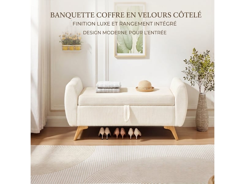  Banc de rangement beige 145 cm en velours côtelé avec coffre pliable et pieds en bois  - Conforama D