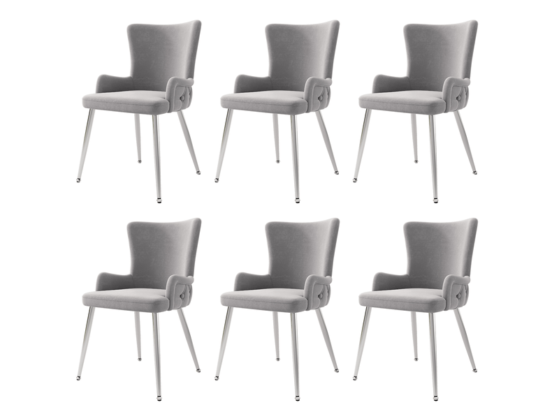  Lot de 6 chaises 49x47x85cm avec pieds en métal argenté, dossier à design de boutons, style élégant, velours, gris  - Conforama A