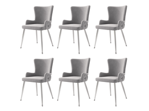 Lot de 6 chaises 49x47x85cm avec pieds en métal argenté, dossier à design de boutons, style élégant, velours, gris