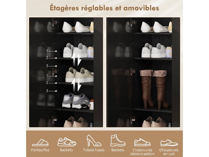 Meuble à chaussures 20 paires armoire à chaussures à haute brillance 5 niveaux étagères réglables 72x34,5x103cm noir - Conforama E