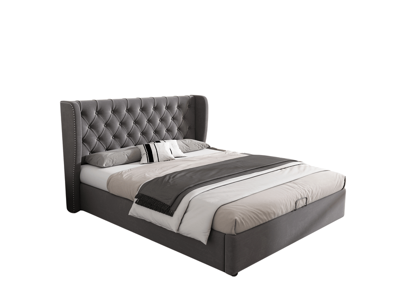Lit double 140x190 cm velours gris - tête de lit rembourrée, coffre hydraulique et sommier - Conforama A