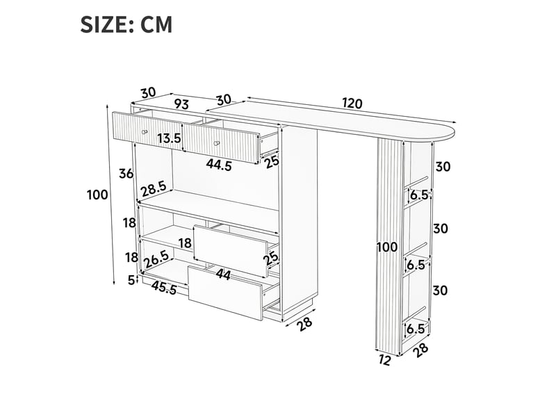  Îlot de cuisine - 120x30x100 cm - plateau extensible - tiroirs - portes de rangement - éclairage led - étagères en verre - noir CozyNest - Conforama D