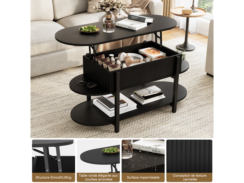  Table basse relevable 106x45x50-63 cm avec rangement multicouche, table de salon et d’appoint, pour salon, métal noir  - Conforama W