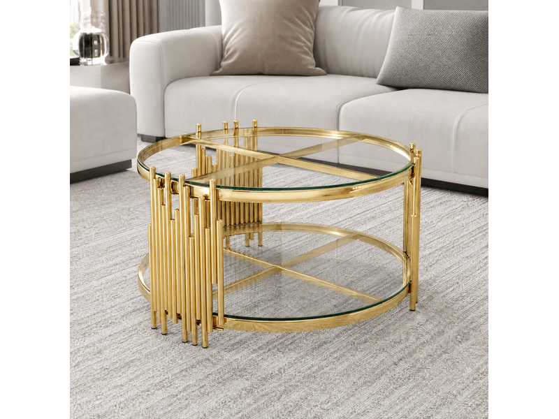  Table basse ronde 80x80x45 cm avec double niveau en métal doré et transparent, design moderne  - Conforama E