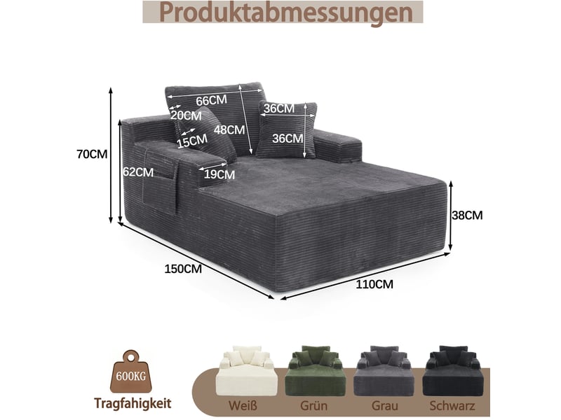  Méridienne 150x110x70 cm, 1 place, poches latérales, coussins, mousse dense, ressorts, velours côtelé, gris foncé  - Conforama C