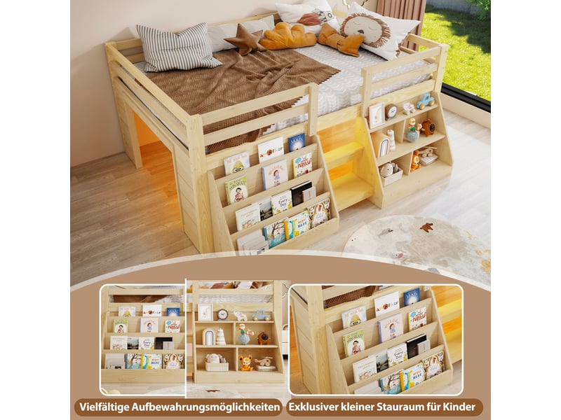  Lit mezzanine enfant 140x200cm en pin avec compartiments ouverts et led,lit superposé double avec échelle et barrières de sécurité,sans matelas-blanc  - Conforama E