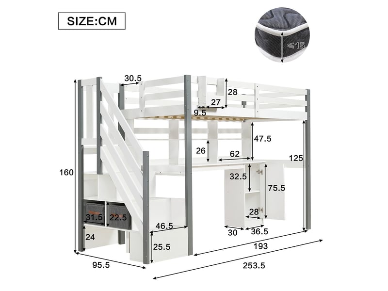 Lit combine enfant 90x200, échelle latérale lit enfant, structure pin mdf, bureau intégré, rangement tissu - Conforama C