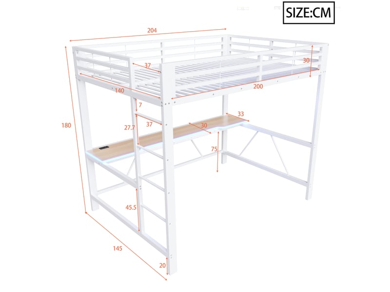  Lit mezzanine gaming en métal 140x200 avec éclairage led, station de chargement usb et bureau, blanc  - Conforama C