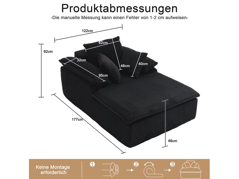  Fauteuil relax modenvie sans cadre en velours côtelé noir 177 x 122 x 92 cm  - Conforama C