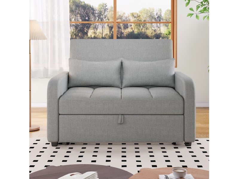  Canapé droit convertible 2 places en tissu gris, dossier réglable 3 positions et 2 coussins, gain de place  - Conforama E