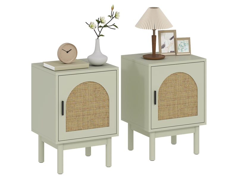  Lot de 2 tables de chevet, table de nuit avec porte en résine tressée, étagère réglable 40 x 35 x 58 cm, vert clair  - Conforama A