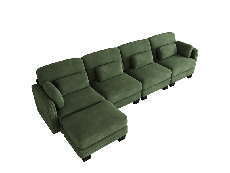 Canapé d’angle modulable 330 cm 4 places avec pouf, coussins d’accoudoir amovibles, coussins lombaires épais à soutien renforcé, chenille, vert - Conforama A