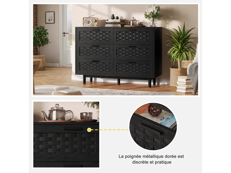 Commode 6 tiroirs - 115x40x80cm - meuble de rangement effet rotin tressé & pieds en bois - noir - Conforama D